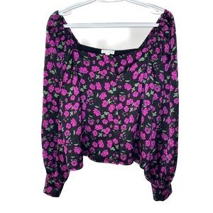 Anthropologie Leith Purple Floral Blouse Square Neck Bishop Sleeve Size Large